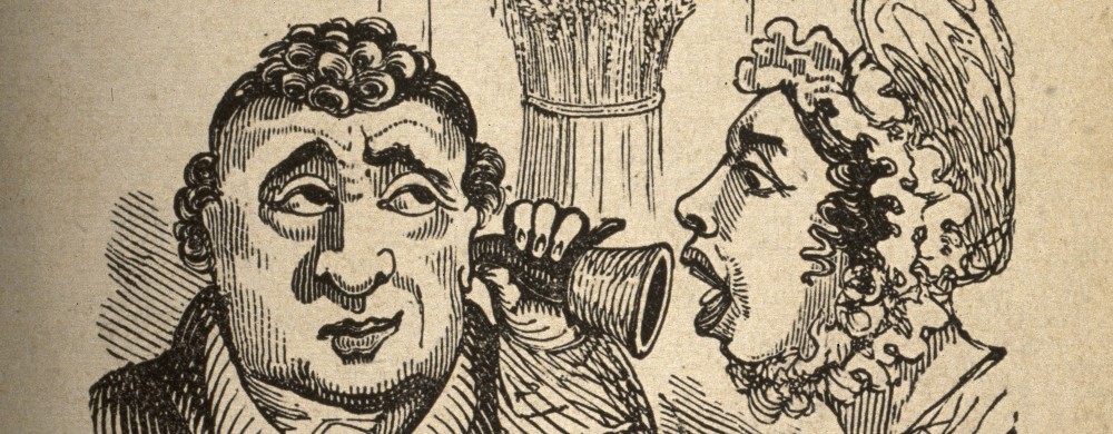 A woman shouting into a man's ear-trumpet. Wood engraving.